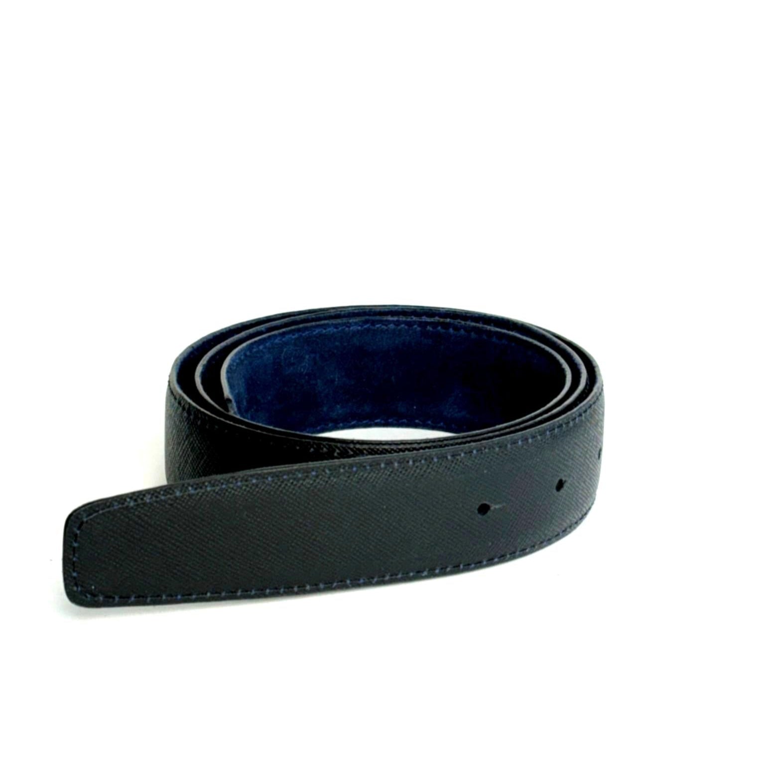 Black Saffiano leather and Blue suede reversible belt on a white background
