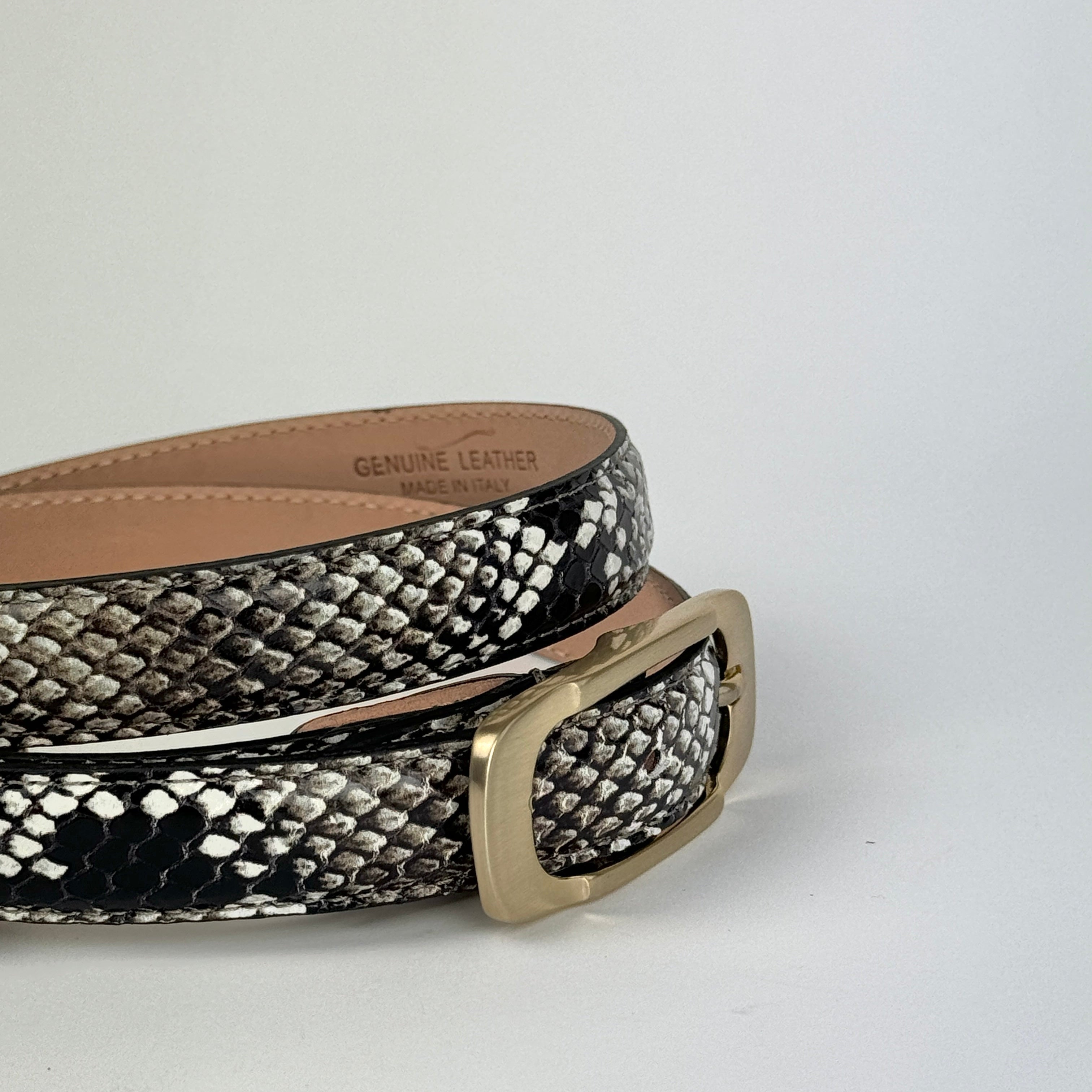 Faux Python belt with brushed golden buckle on white background