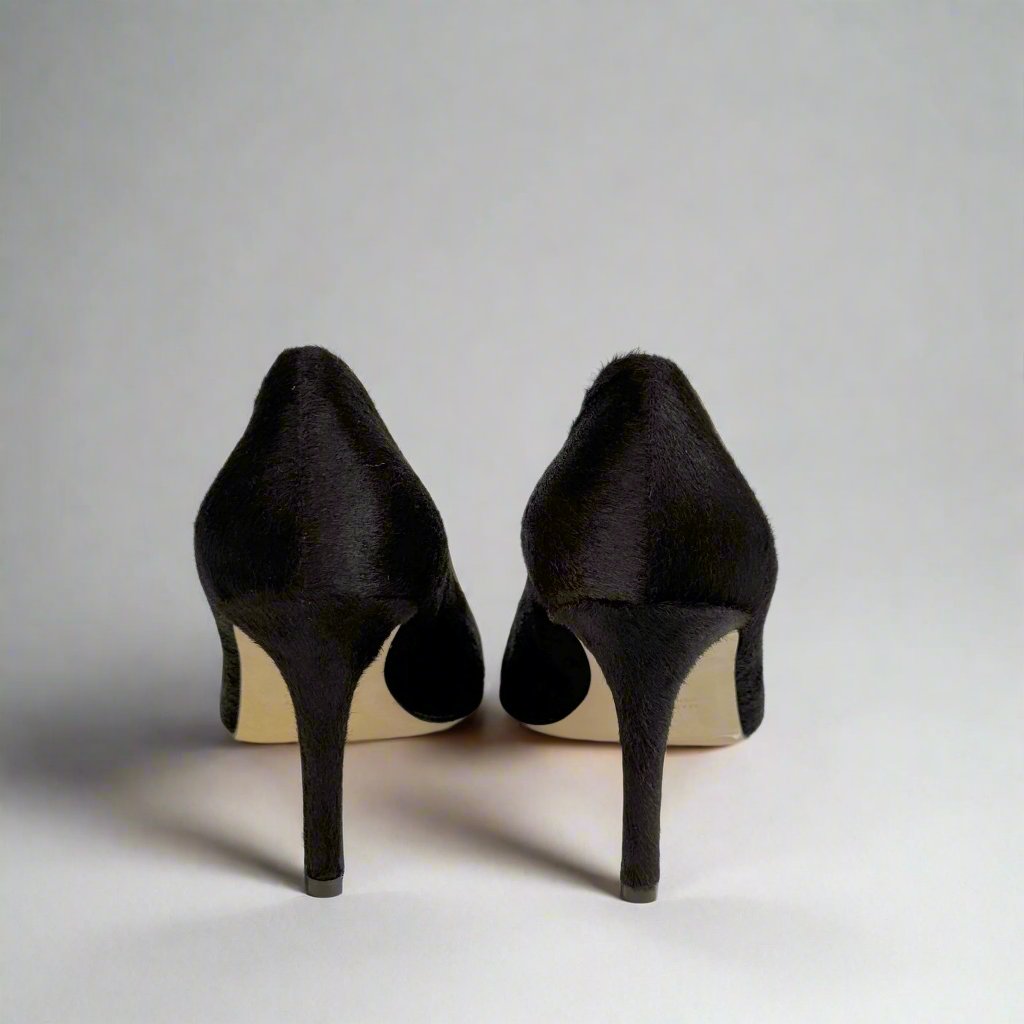 backside view of dark brown pony leather high heels