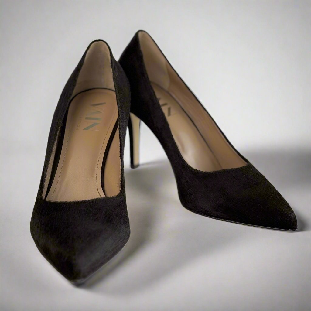 front view dark brown leather high heels