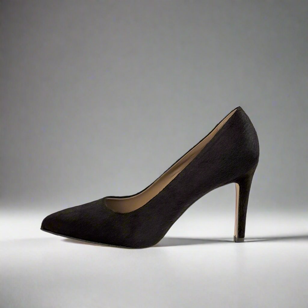 side view of high heel in dark brown pony leather