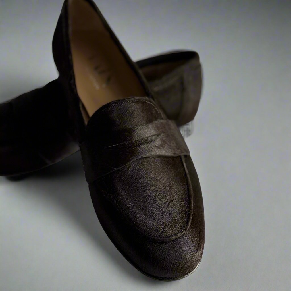 dark brown moccassins focus on front view