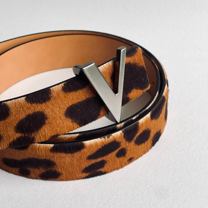 Leopard printed leather belt with dark silver brushed buckle