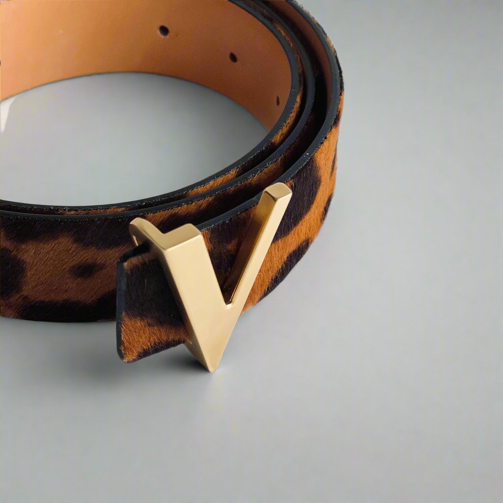 Leopard printed leather belt with gold brushed buckle