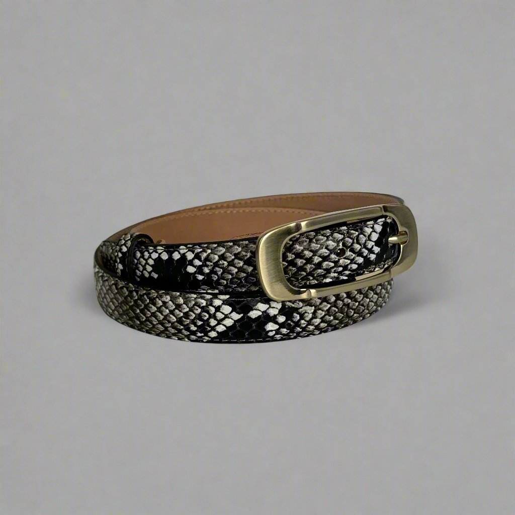 Michelle thin belt in python printed calfskin leather and brushed gold buckle