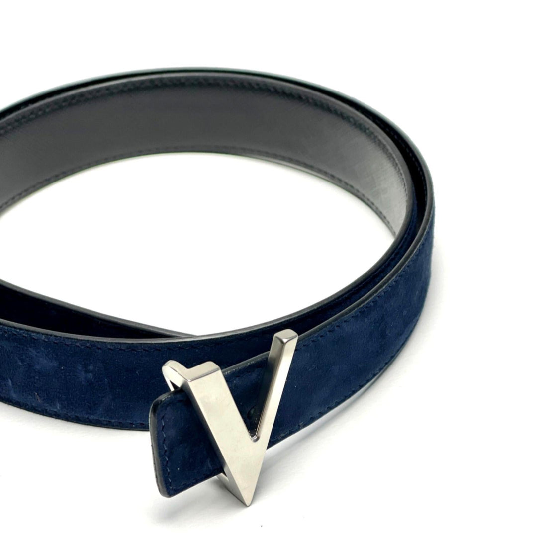 Night blue reversible belt with a silver buckle on a white background