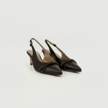 A pair of rich dark brown leather slingback pointed-toe pumps with kitten heels, displayed on a clean light gray background.