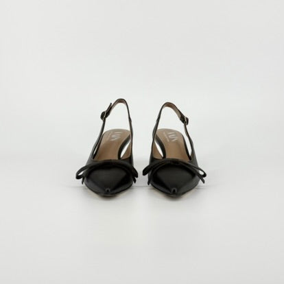 A pair of rich dark brown leather slingback pointed-toe pumps with kitten heels, displayed on a clean light gray background.