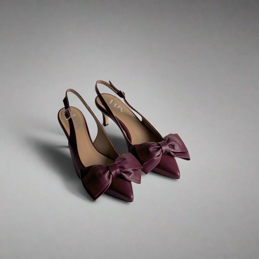 Olive slingback kitten heels in bordeaux with detachable bows