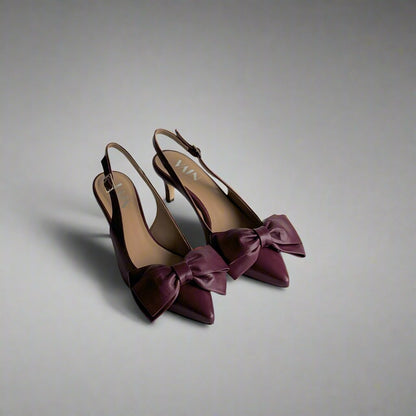 Olive slingback kitten heels in bordeaux with detachable bows