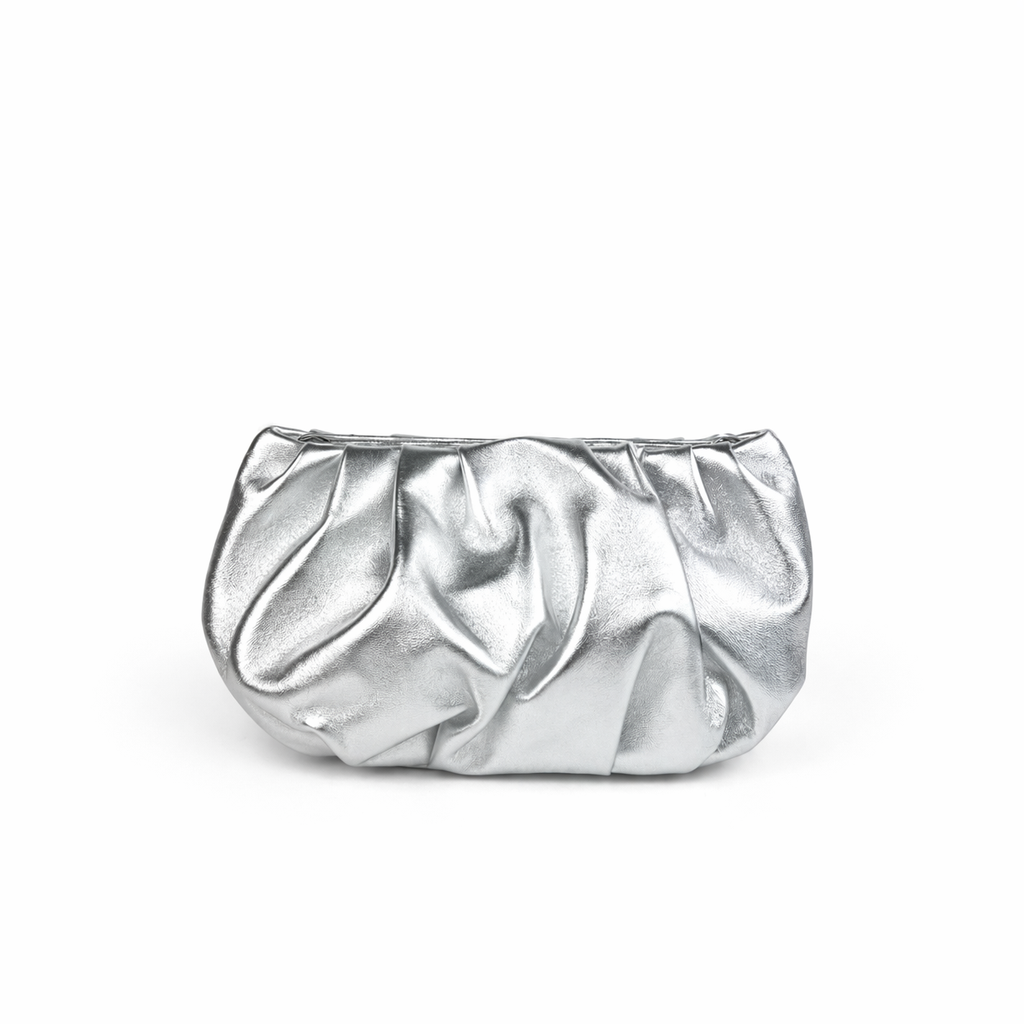 Silver clutch bag with a rippled surface on a white background