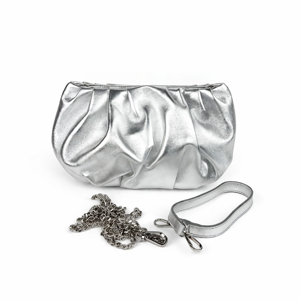 Silver clutch bag with chain detail on a white background