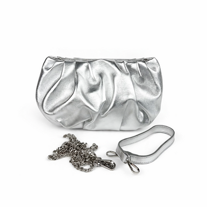 Silver clutch bag with chain detail on a white background