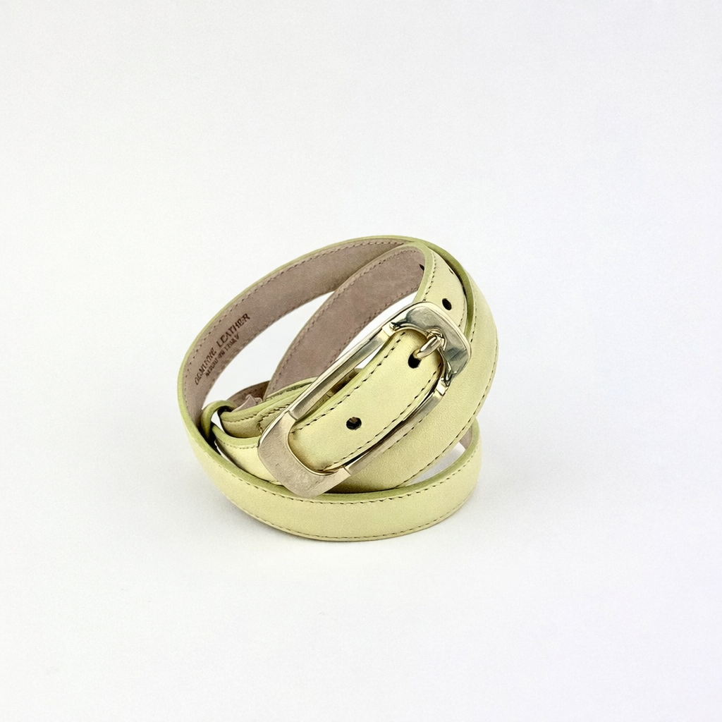 Yellow belt with a gold buckle on a white background