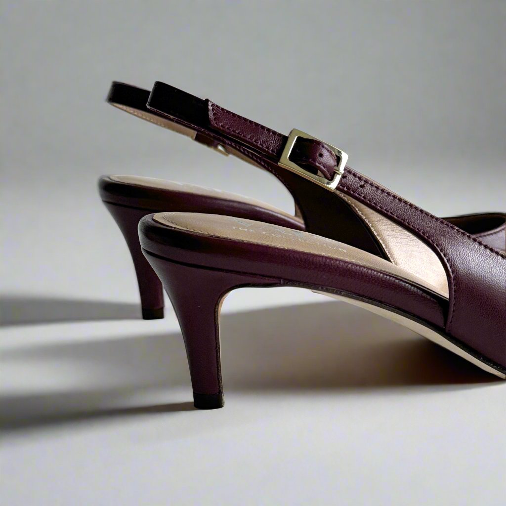 backside of slingback kitten heels in bordeaux