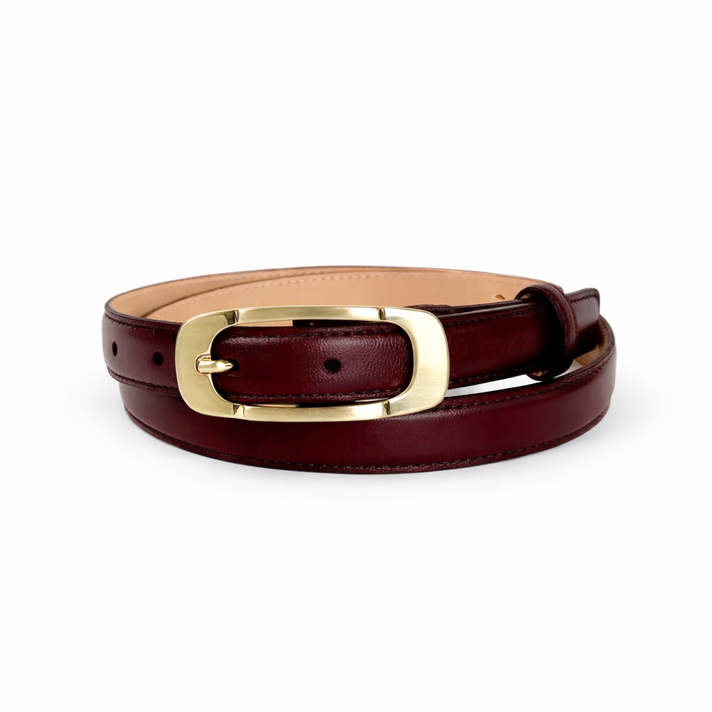 burgundy red leather belt with a gold brushed buckle on a white background