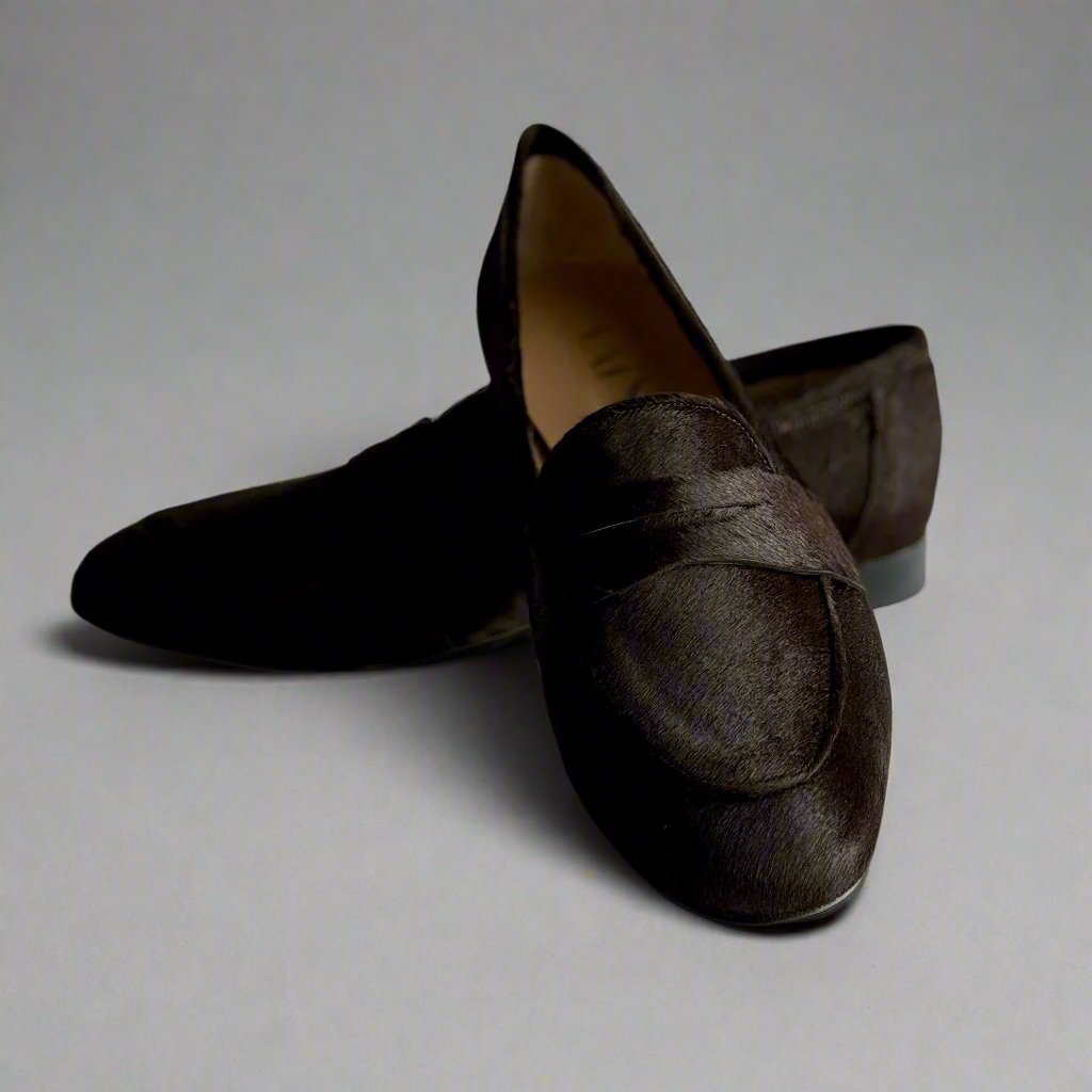 dark brown pony loafers