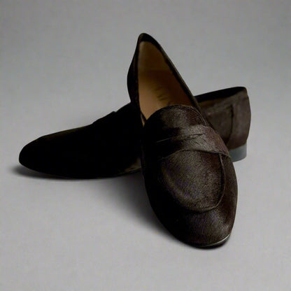 dark brown pony loafers