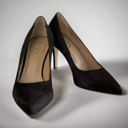 front view dark brown leather high heels 