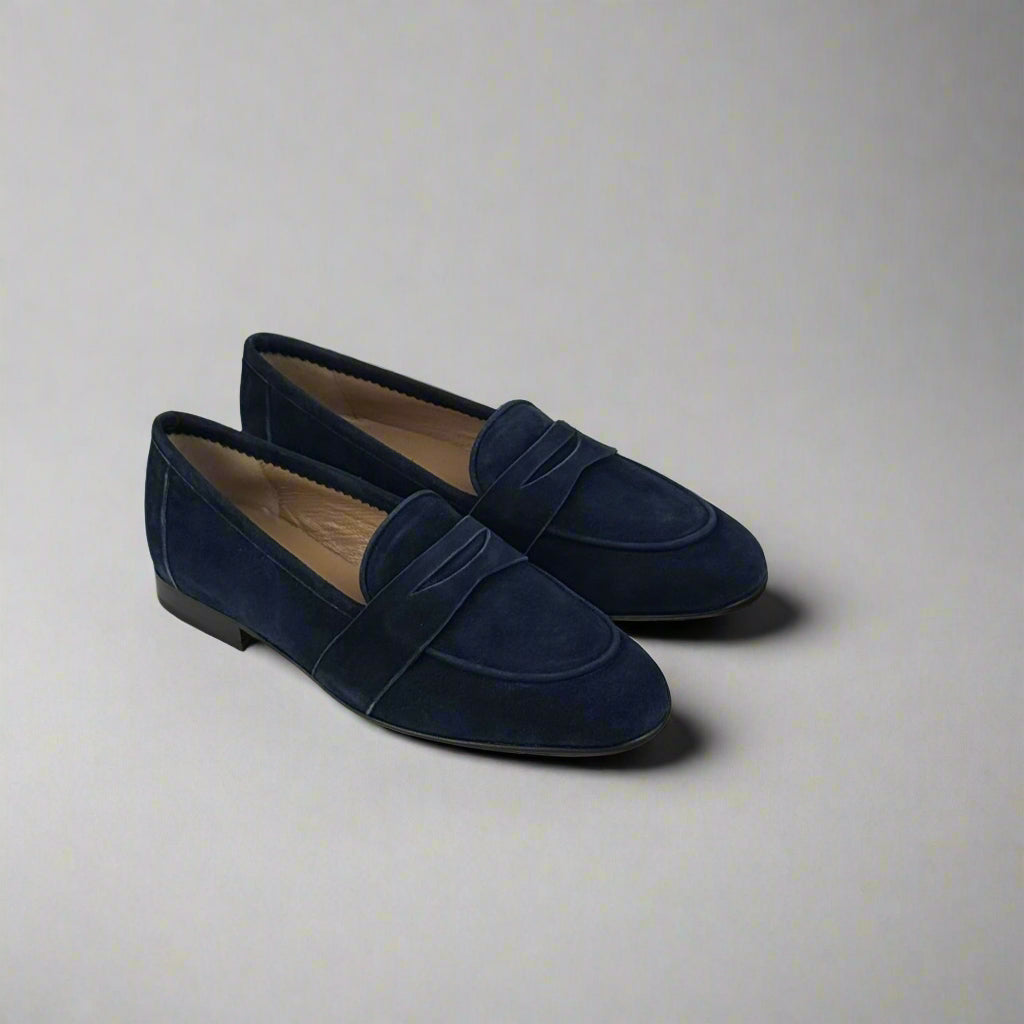 midnight blue suede loafers for women side view