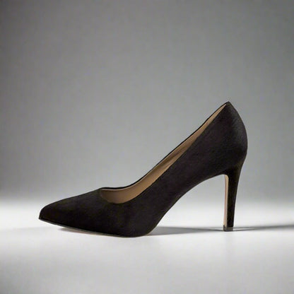 side view of high heel in dark brown pony leather