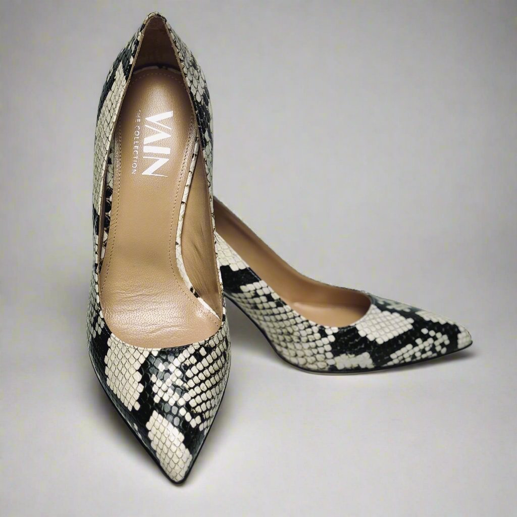 frontal view on python printed high heels