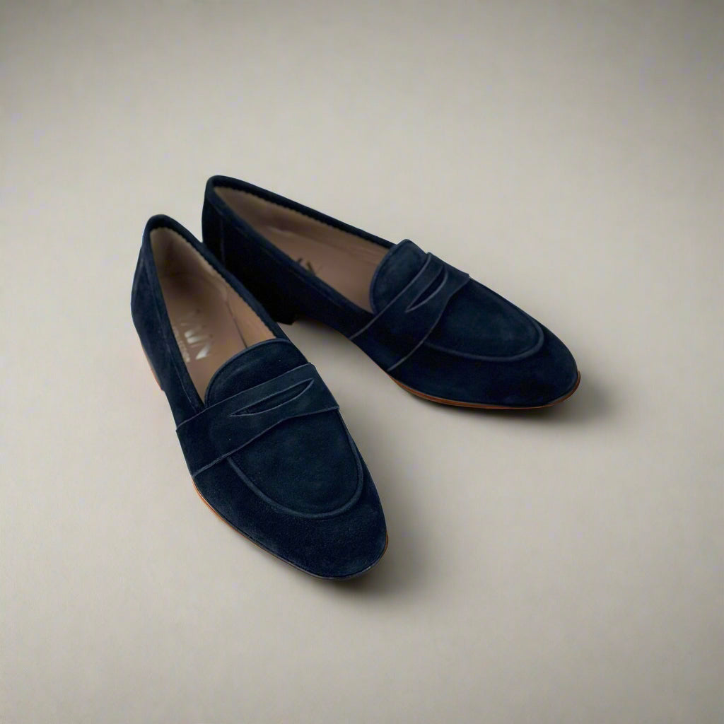 side view blue suede loafers for women