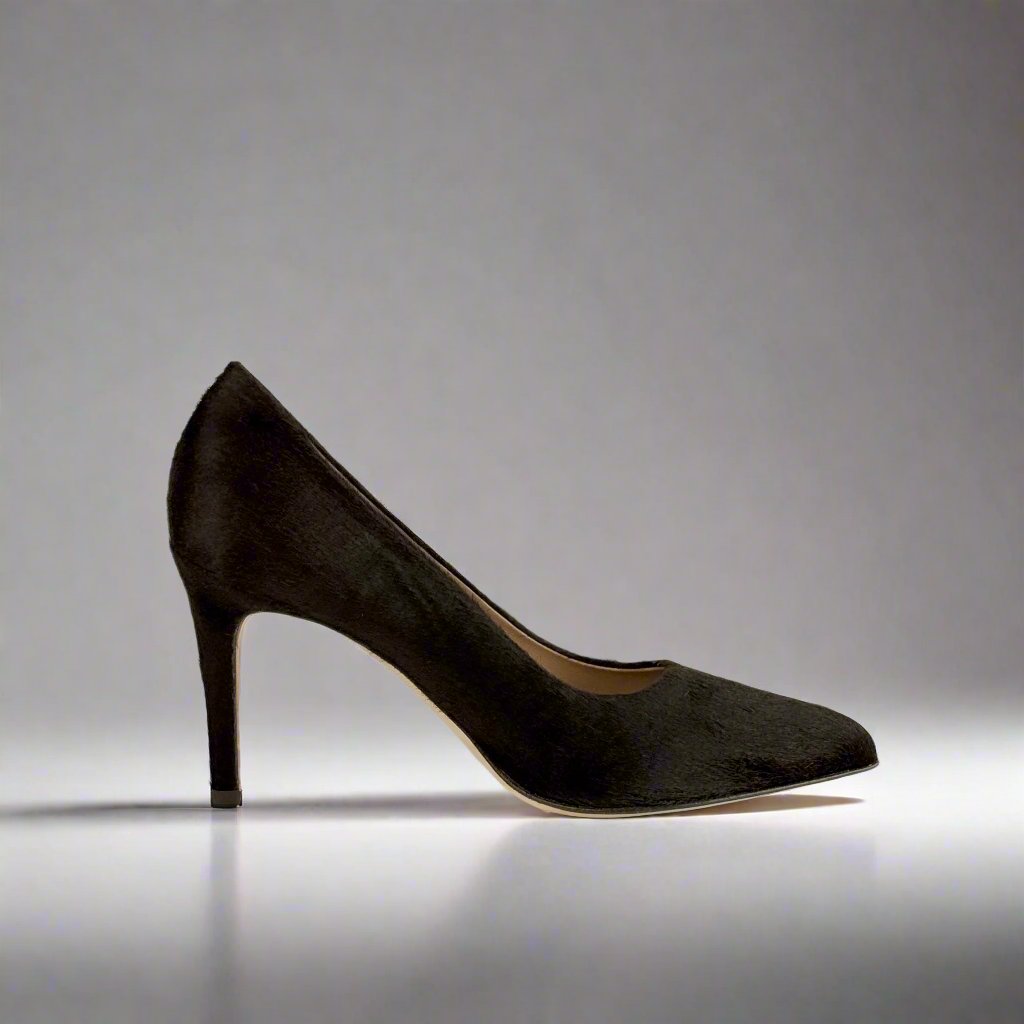 side view high heel in dark brown pony