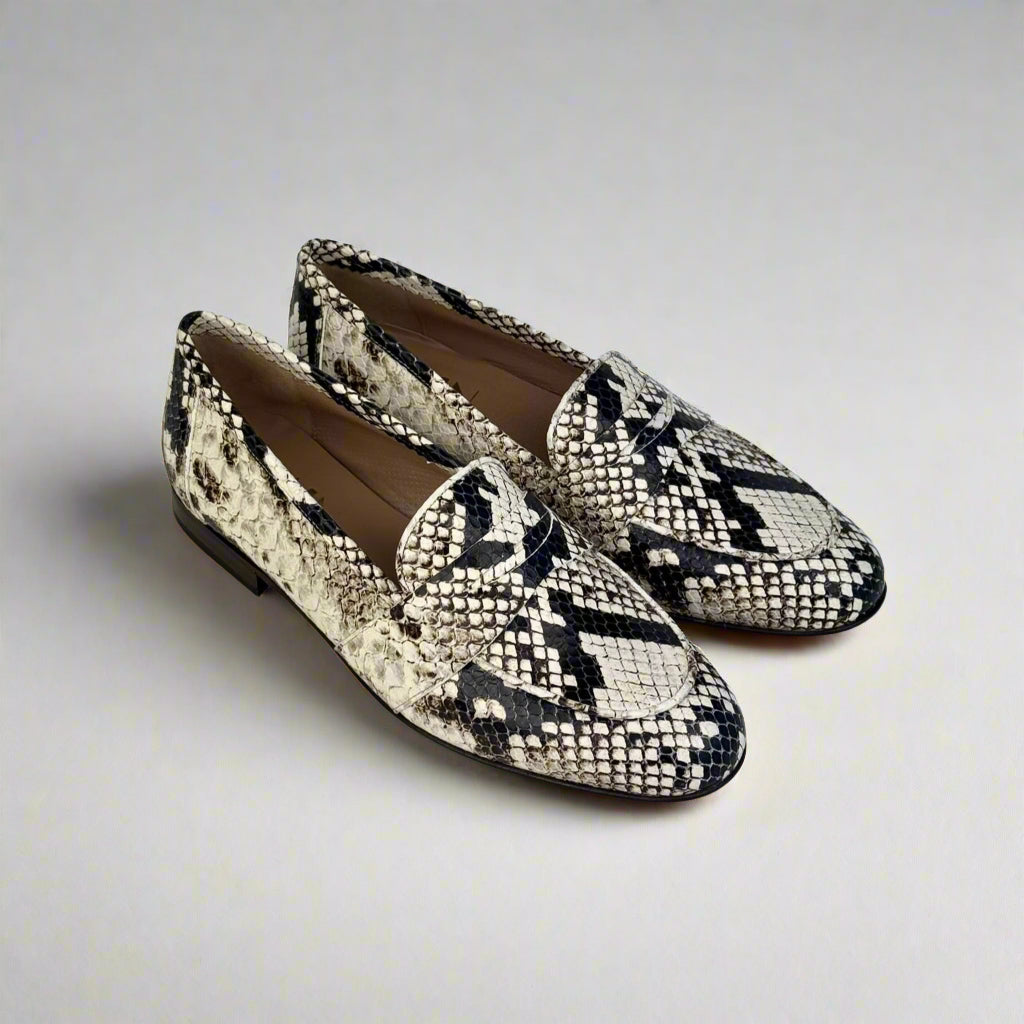 top angled view of faux python loafers for women